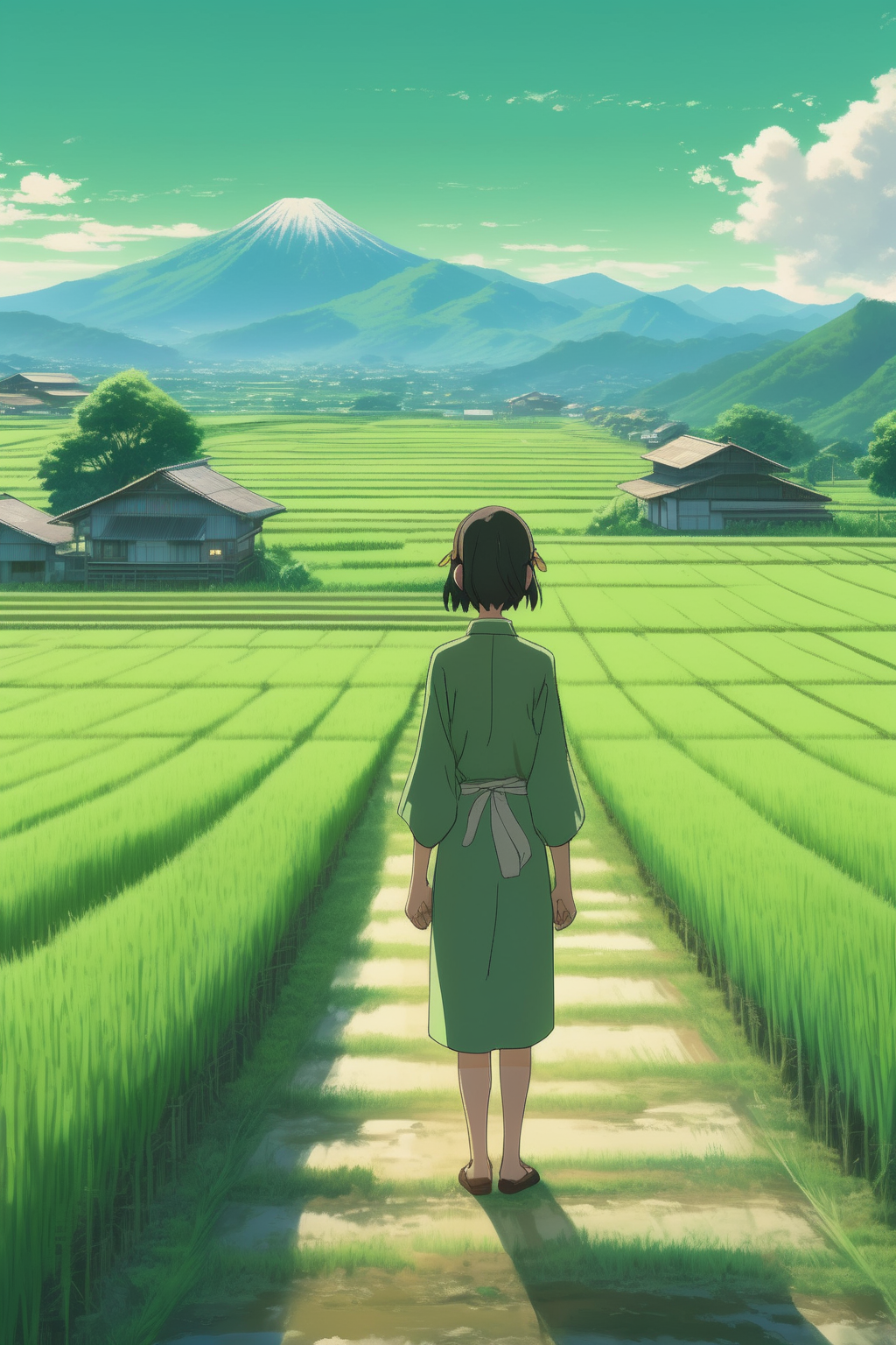 00005-1427431447-_lora_Makoto Shinkai Style_1_Makoto Shinkai Style - A pastoral lifestyle set amidst light green hues, where rice fields stretch.png